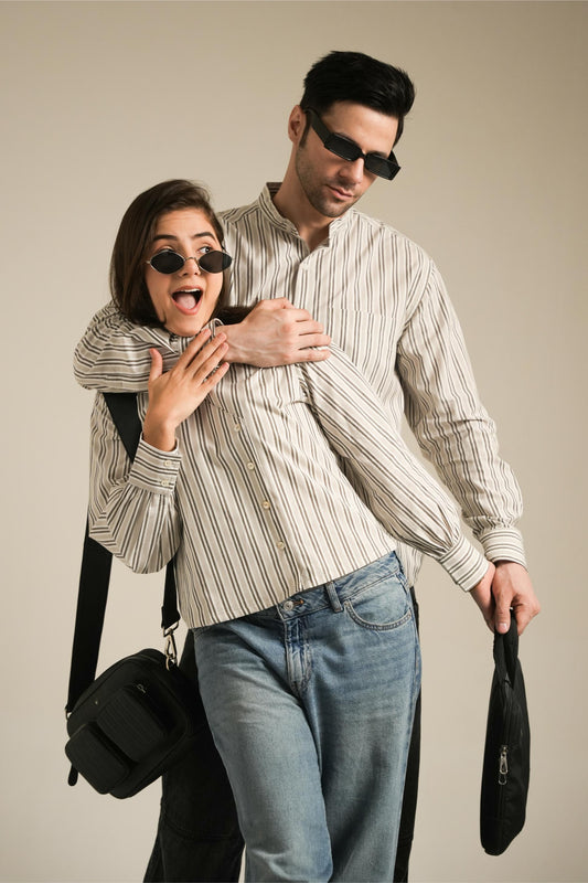 Beige Stripe Couple Outfit